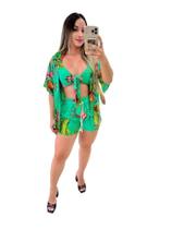 Conjunto Luxo Feminino Kimono + Shorts+ Cropped 3 Peças