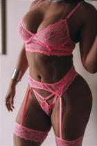 Conjunto Luxo Rosa com Detalhes em Renda e Cinta-Liga