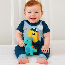 Conjunto Macacão + Camiseta Dinossauro Jardineira Urso Bebe Menino Vira Pé Temático Tam RN a 03 Meses