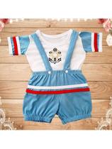Conjunto Macacão Curto Jardineira Listrada + Camiseta Marinheiro Bebe Menino RN ou Bebe Reborn - Conjunto Macacão Curto Jardineira Listrada + Camiseta Marinheiro Bebe Menino RN ou Bebe Reborn -