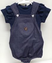 Conjunto Macacão Curto Jeans + Body Bebê Menina Lessa B9094 Conjunto Macacão Curto Jeans + Body Bebê Menina Lessa B9094