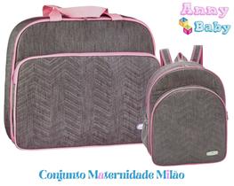 Conjunto Mala Maternidade + Mochila Grande Milão Cinza/Rosa - CMM0003