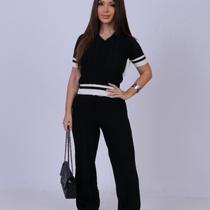 Conjunto Manga Curta com Detalhes Brancos Estilo Moderno para Mulheres Conjunto Manga Curta com Detalhes Brancos Estilo Moderno para Mulheres