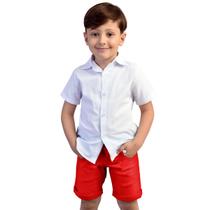Conjunto Manga Curta Infantil Festa - Camisa Algodão Branca - Bermuda Vermelha