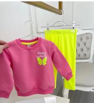 Conjunto Manga Longa 2pçs Infantil Rosa Borboletas