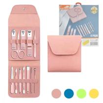 Conjunto Manicure Pedicure Aço Inox Eletromex: 12 Ferramentas, Cortadores, Tesoura, Pinça, Lima de Vidro, Estojo Luxuoso