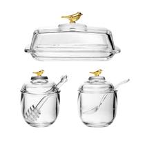Conjunto Manteigueira Açucareiro E Meleira Cristal Bird Gold