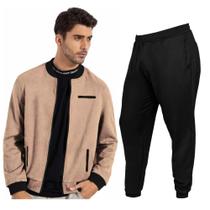 Conjunto Masculino Blusa De Frio Zíper Sem Capuz e Calça Moletom Lisa Preta