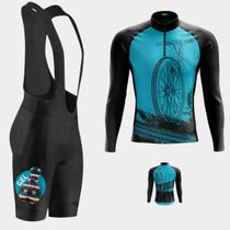 Conjunto Masculino Camisa Bike Roda Azul Manga Longa + Bretelle Forro Gel