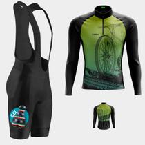 Conjunto Masculino Camisa Bike Roda Verde Degradê Manga Longa + Bretelle Forro Gel