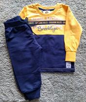 Conjunto masculino camiseta meia malha amarelo/marinho ml e calça moletom marinho felpa colorittá