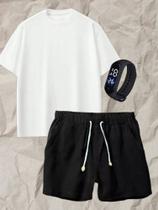Conjunto Masculino Camiseta + Short de Linhos Mauricinho Cores + Relógio