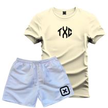 Conjunto Masculino Camiseta Texas Algodão + Short Tactel Branco P ao GG Kit Camiseta e Bermuda Homem