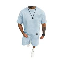 Conjunto Masculino Casual De Camiseta Texturizada Com Letras E Shorts Com Cordão, Ajuste Regular