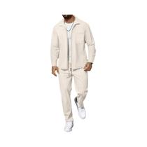 Conjunto Masculino Casual De Negócios Em Duas Peças: Camisa Waffle Com Zíper E Calças - Tendência De