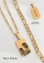 Conjunto masculino colar com pingente personalizado e pulseira elo 3x1 - Aço inox dourado
