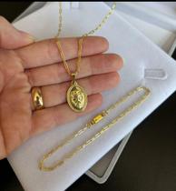 Conjunto Masculino Corrente Com Pingente Leão e Pulseira Banhada Ouro 18k Conjunto Masculino Corrente Com Pingente Leão e Pulseira Banhada Ouro 18k
