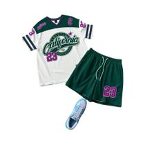 Conjunto Masculino De Camiseta E Shorts Com Estampa Colorblock, Roupa Esportiva Respirável Para Conjunto Masculino De Camiseta E Shorts Com Estampa Colorblock, Roupa Esportiva Respirável Para
