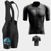 Conjunto Masculino de Ciclismo - Camisa Black Premium e Bretelle Forro de Gel com barra preto/preto