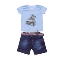 Conjunto masculino infantil bermuda jeans e camiseta cor vermelha - azul marca bela fase moda bebê