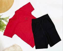 conjunto masculino infantil, camisa vermelha com short preto longo conjunto masculino infantil, camisa vermelha com short preto longo