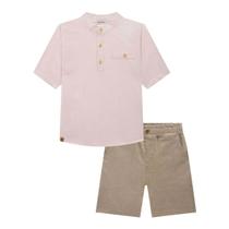 Conjunto Masculino Infantil de Camisa em Linho Rosa e Bermuda Bege com Bolsos do 8 ao 14 Elastano no cós