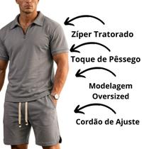 Conjunto Masculino Oversized Suedine Premium Camiseta Polo e Bermuda Casual Cor:ChumboTamanho:G Conjunto Masculino Oversized Suedine Premium Camiseta Polo e Bermuda Casual Cor:ChumboTamanho:G
