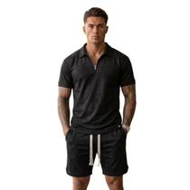 Conjunto Masculino Oversized Suedine Premium Polo Zíper Bermuda Cor:PretoTamanho:G