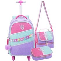 Conjunto Material Escolar com Mochila de Rodas Lancheira Térmica Estojo Box Grande para Lápis Caderno Caneta Estilo Colorido Reforçado para Meninas