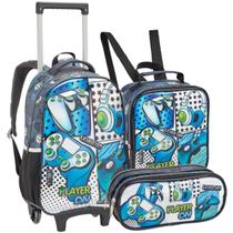 Conjunto Material Escolar Gamer Infantil com Mochila de Rodinhas Lancheira Térmica Estojo Compartimento Duplo Reforçado para Meninos Conjunto Material Escolar Gamer Infantil com Mochila de Rodinhas Lancheira Térmica Estojo Compartimento Duplo Reforçado para Meninos