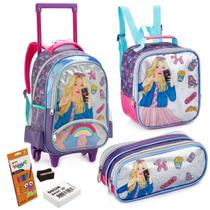 Conjunto Material Escolar Infantil Mochila de Rodas Lancheira Térmica Estojo Criança Aula Personagem Feminino