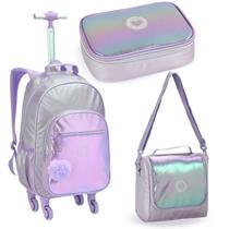 Conjunto Material Escolar Mochila de Rodinhas + Lancheira térmica + Estojo Menina Criança Adolescente Aulas Resistente Zíper Feminino - Shaolong