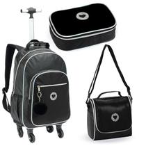 Conjunto Material Escolar Mochila de Rodinhas + Lancheira térmica + Estojo Menina Criança Adolescente Aulas Resistente Zíper Feminino