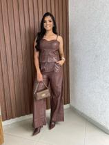 Conjunto material sintético Blusa Alça Cm Bojo Calça Pantalona Com Cinto 7 De Abril Cor:MarromTamanho:G