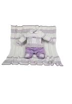 Conjunto Maternidade Beth Bebê Tricot Linha Antialérgica Manta, Macacão e Sapatilhas Branco/Lilás