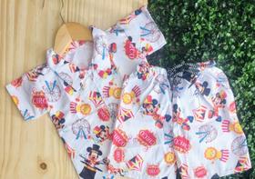 Conjunto Mauricinho camisa social com shorts Tema Mickey Circo