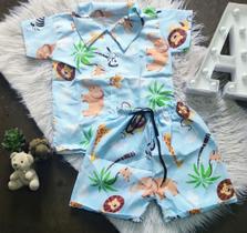 Conjunto Mauricinho camisa social com shorts Tema Safari Azul Conjunto Mauricinho camisa social com shorts Tema Safari Azul