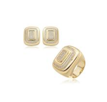 Conjunto maxi retangular com cravação lateral banhado a ouro