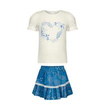 Conjunto Menina Alakazoo Blusa Cotton Off White Saia c/ Shorts Interno Meia Malha Azul Conjunto Menina Alakazoo Blusa Cotton Off White Saia c/ Shorts Interno Meia Malha Azul