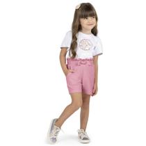 Conjunto Menina Angerô Blusa em Cotton e Shorts em Moletinho - Rosa/Branco