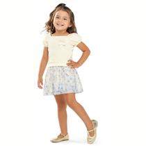 Conjunto Menina Angerô Blusa Malha Grécia Aplique Flores e Saia com Tule Sublimado Off White/Azul Conjunto Menina Angerô Blusa Malha Grécia Aplique Flores e Saia com Tule Sublimado Off White/Azul