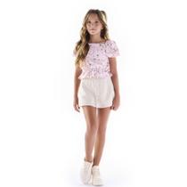 Conjunto Menina Anjo Blusa em Malha Leve e Shorts Saia em Moletom - Rosa/Off