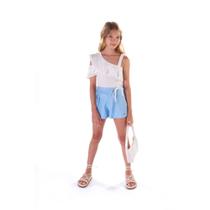 Conjunto Menina Anjo Cropped em Jacquard e Shorts em Viscose - Off/Azul