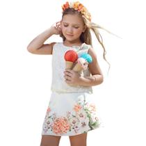 Conjunto Menina Batinha de Renda com Laço e Saia Evasê Flores Gabriela Aquarela Conjunto Menina Batinha de Renda com Laço e Saia Evasê Flores Gabriela Aquarela