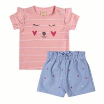 Conjunto Menina Bebê Angerô Algodão Blusa Listras Detalhe Bordado e Short Moletinho Denim Bordado Conjunto Menina Bebê Angerô Algodão Blusa Listras Detalhe Bordado e Short Moletinho Denim Bordado