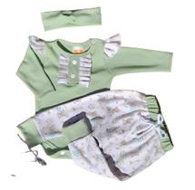 Conjunto menina bebê. Calça, body e faixa de cabelo