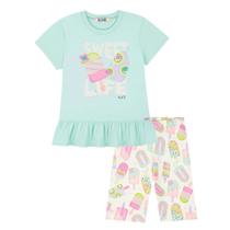 Conjunto Menina Blusa Alongada em Meia Malha e Short Biker em Fly Tech Verde Kukiê