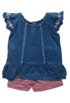 Conjunto Menina Blusa Bordada + Shorts Sarja Paraiso 15581