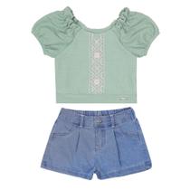 Conjunto Menina Blusa Bordado + Shorts Jeans Paraiso 15618