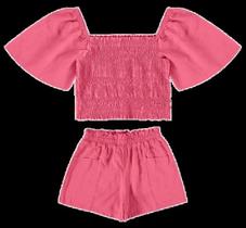 Conjunto menina blusa cropped e shorts em viscolinho stretch malwee kids rosa 16
